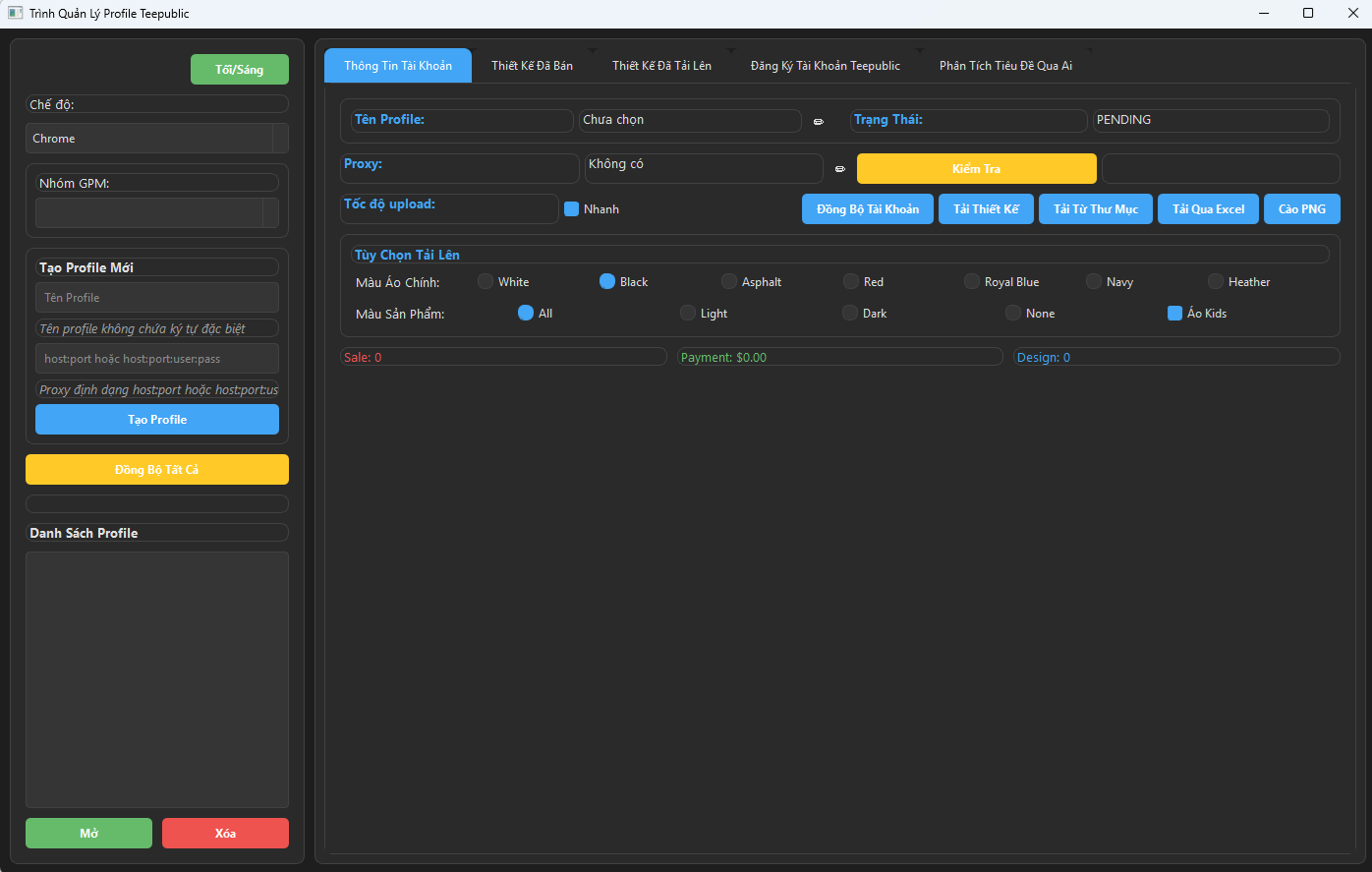 Giao diện quản lý profile tool Teepublic